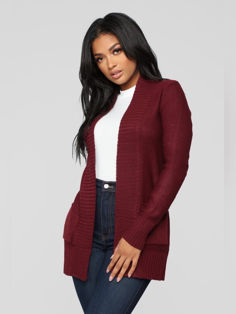 Fashion Nova Burgundy Open Front Knit Cardigan Sweater with Pockets Size Small